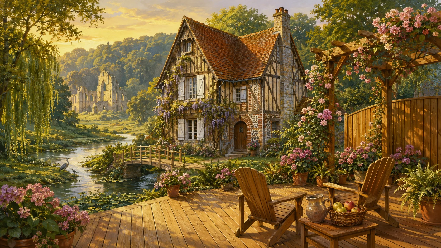 Illustration paysagère du dépôt avec terrasse en bois et clôture
